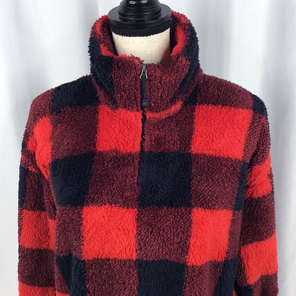 Eddie Bauer 1/4 Zip Fleece Pullover Womens Size Large Buffalo Plaid Red Black - Picture 5 of 9